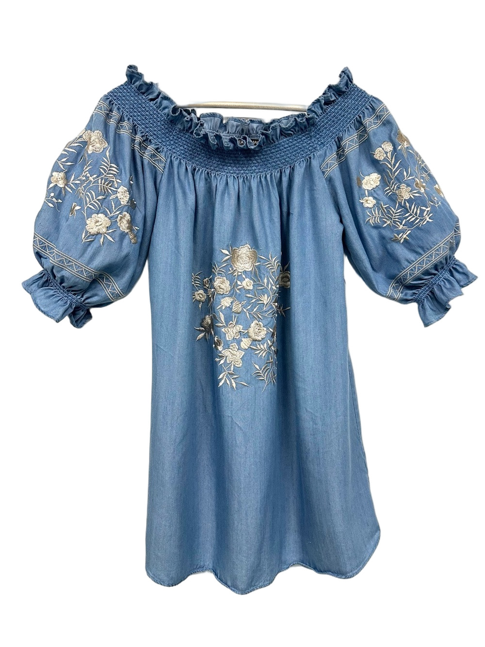 Linea Domani Tencel Embroidered Off Shoulder Puff Sleeve Boho Blouse Medium